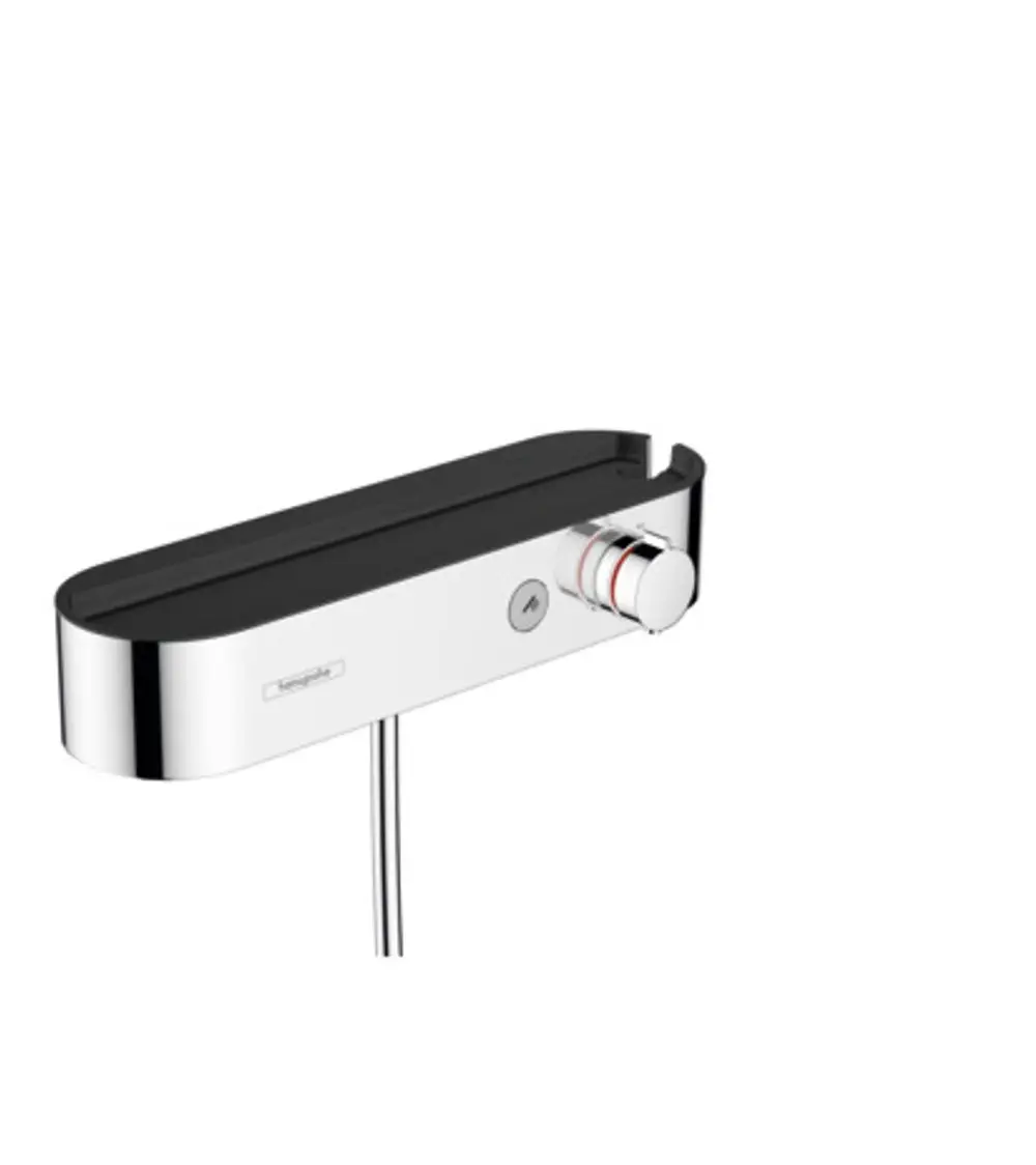 Thermostat von Hansgrohe mit Chromoberfläche und Bedienknopf. Die Steuerung erfolgt über einen Drehregler und eine Taste. Das Design ist minimalistisch und funktional.